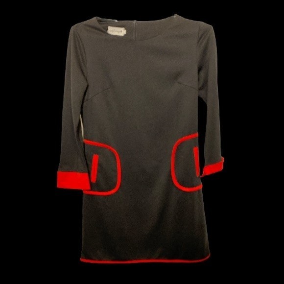 Vintage Mod Mini Dress Black Pockets Color Block Scoop Neck red piping size L - Picture 9 of 17